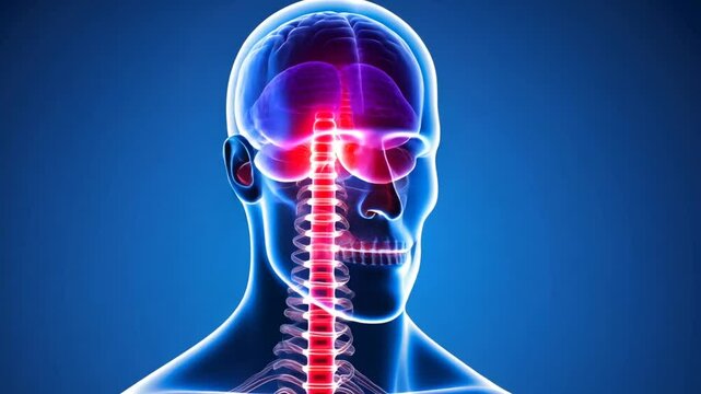 A detailed anatomical representation highlights the human brain, spinal cord, and neural pathways, emphasizing their interconnection on a bright blue background