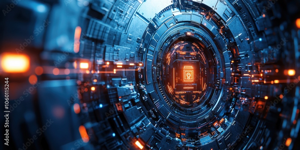 Poster abstract futuristic technology interface with glowing orange lights