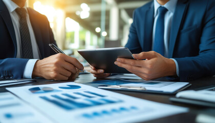 Two professionals discussing reports and analytics during a business meeting in a modern office environment. Focus on tablet and papers with financial graphs and charts.