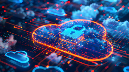 Abstract illustration of cloud security services, stylized cloud icon integrated with a secure padlock symbol, representing data protection and cybersecurity in cloud computing environments