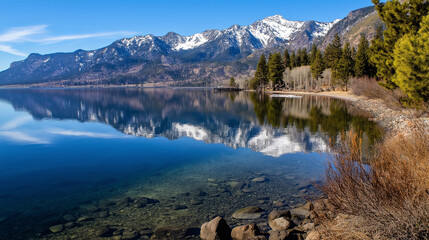 Obraz premium A clear lake reflecting snow-capped mountains