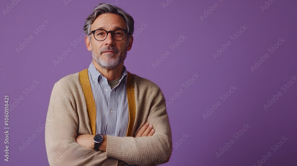 Poster full body shot of a curious middle aged gentleman dressed in a striped button down khakis and a card