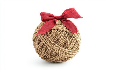 Recycled Christmas Ball: Christmas ornament made from eco-friendly materials, with a rustic look and festive red bow, floating in a simple white background 