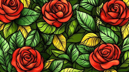 Rose and leaf pattern in a repeating design, perfect for textiles, wallpapers, or stationery backgrounds