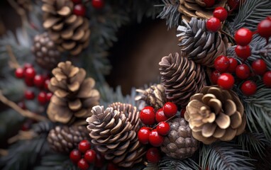 Eco-Friendly Christmas Wreath: Wreath made from recycled materials in a 3D style, incorporating natural pine cones, red berries, and festive sustainable decorations 