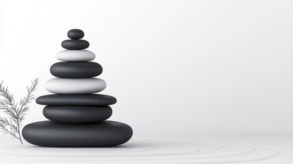 Fototapeta premium Stacked shapes forming a balanced pyramid, black and white, minimalist style, high detail, negative space