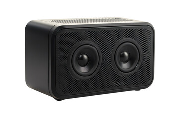Obraz premium Compact black speaker with dual drivers, ideal for delivering high-quality sound, isolated on a white background.