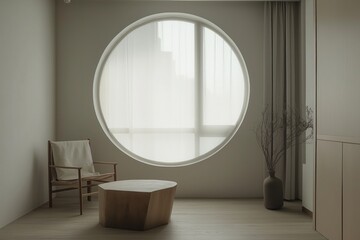 Minimalist living room decorated simply. There is a circular window, interior design illustration.