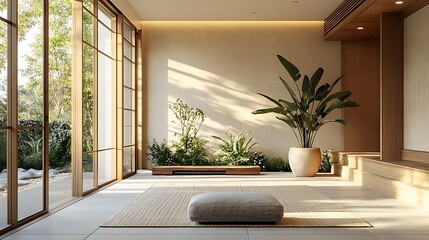 Fototapeta premium Serene indoor space with natural elements and minimalist design