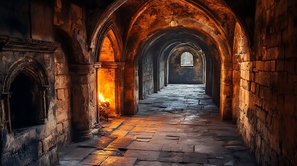 Fototapeta premium Mysterious abandoned corridor with glowing firelight in ancient architecture