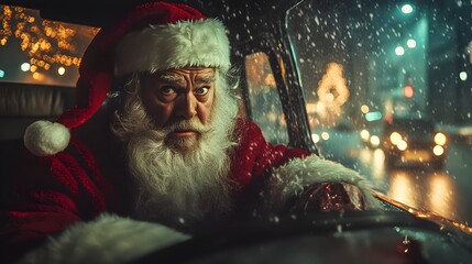 Obraz premium Exasperated Santa Claus Delivering Christmas Gifts Stuck in Heavy City Traffic with Sleigh on a Snowy Winter Night