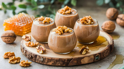 Walnut Pudding: A creamy pudding made with walnuts and milk, served in small bowls, topped with crushed walnuts and a drizzle of honey, surrounded by decorative elements.

