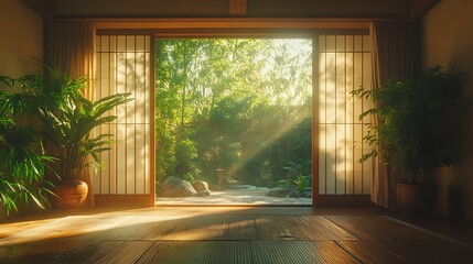 Fototapeta premium Serene interior scene with natural light and lush plants