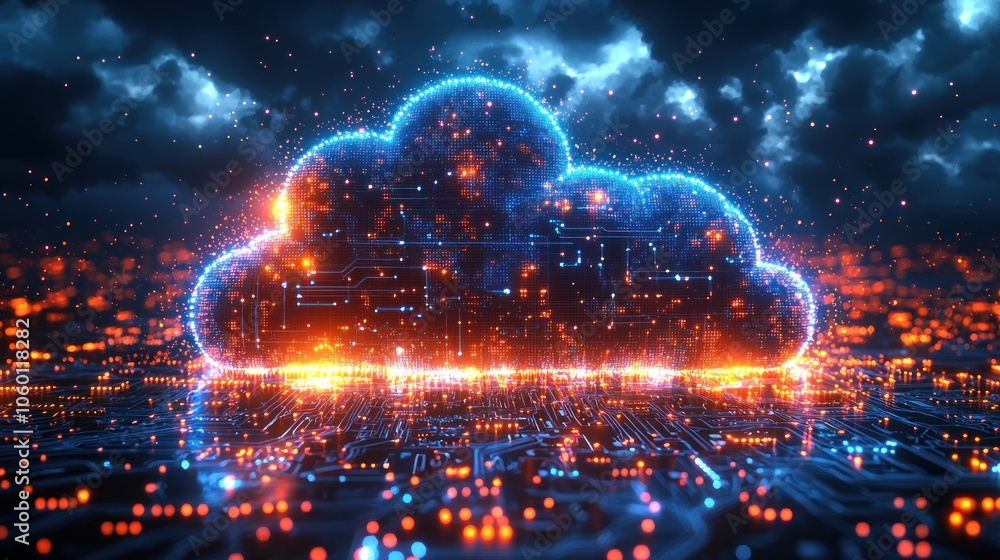 Poster glowing digital cloud symbol on a circuit board background