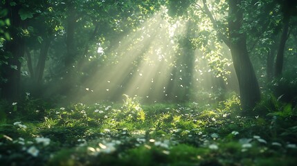 Fototapeta premium Enchanting forest a tranquil retreat bathed in sunlight