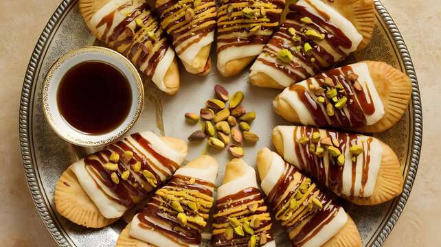 Asab Zainab: Crispy, deep-fried pastries filled with sweet cheese, drizzled with syrup, presented on a decorative tray, with a sprinkle of pistachios for added color and texture.

