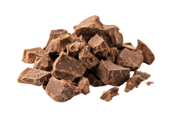 Delicious dark chocolate chunks ready for baking or snacking, isolated on a white background.