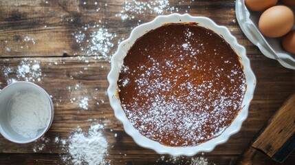 Rustic chocolate cake with powdered sugar topping on wooden table, eggs and flour in background