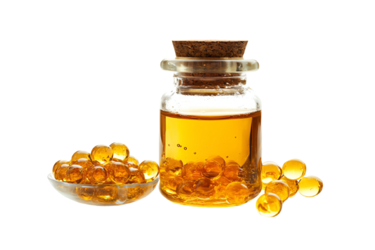 Delicious golden honey in a glass jar with a cork and scattered honey balls, perfect for natural sweeteners.
