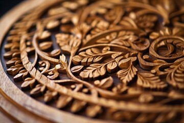 Oak carving of intricate patterns and leaf motifs on a wooden panel, showcasing artistic skill and woodwork tradition