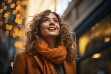 White young woman with curly hair smiles as she admires holiday lights while shopping in a vibrant urban setting during Christmas