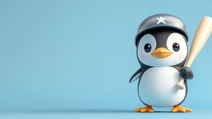 Obraz premium Cartoon Penguin Baseball Player Holding a Bat