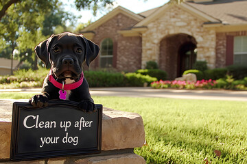 Dog with "Clean Up After Your Dog" Sign