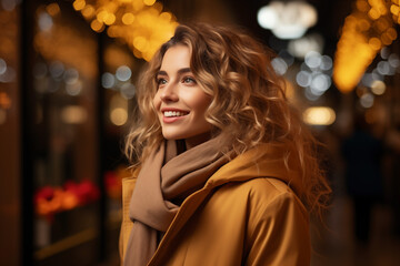 White beautiful very young woman enjoys festive Christmas shopping under twinkling lights in winter