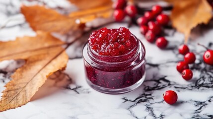 Autumn harvest cranberry jam with fall leaves for seasonal celebration National Cranberry Relish Day