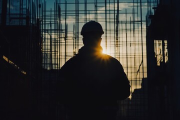 Silhouette of construction foreman with architect at building site for engineering and safety