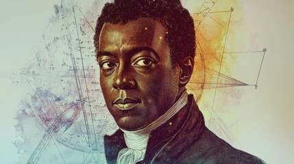 Portrait of scientist against geometric background celebrating black history month Benjamin Banneker Week
