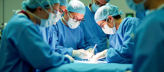 Medical Professionals Conducting Surgery, Skilled Surgeons at Work in Operating Theater, Healthcare Workers with Surgical Instruments During Operation, Clinical Environment