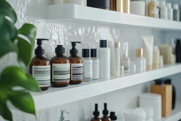 Contemporary bathroom shelf featuring modern shampoo and conditioner bottles with hotel toiletries