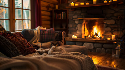 Fototapeta premium A cozy fireplace with crackling flames and flickering candles casting a warm glow over a rustic living room.