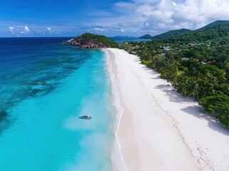 Obraz premium Aerial view of a serene beach with turquoise waters and lush greenery along the shoreline.