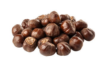 Obraz premium Freshly harvested chestnuts on a white isolated background.