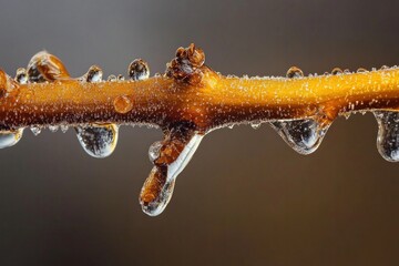 Ice on tree branches with a macro view, showcasing the clarity and sparkle of frozen droplets and frost