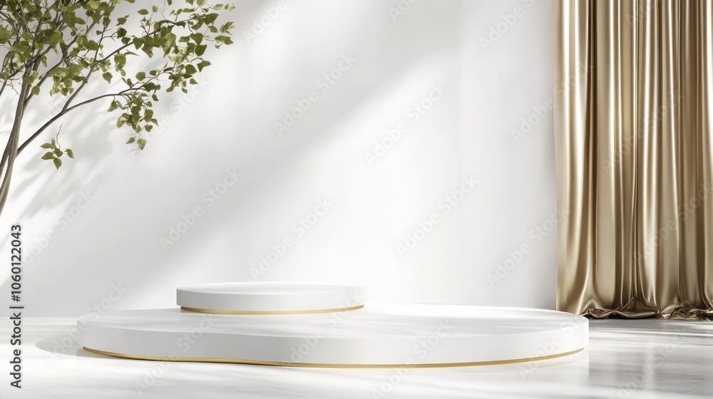 Poster A minimalist display stage with a neutral backdrop and natural elements for presentations.