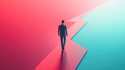 Obraz premium A silhouette of a person walking on a path dividing two contrasting colors.
