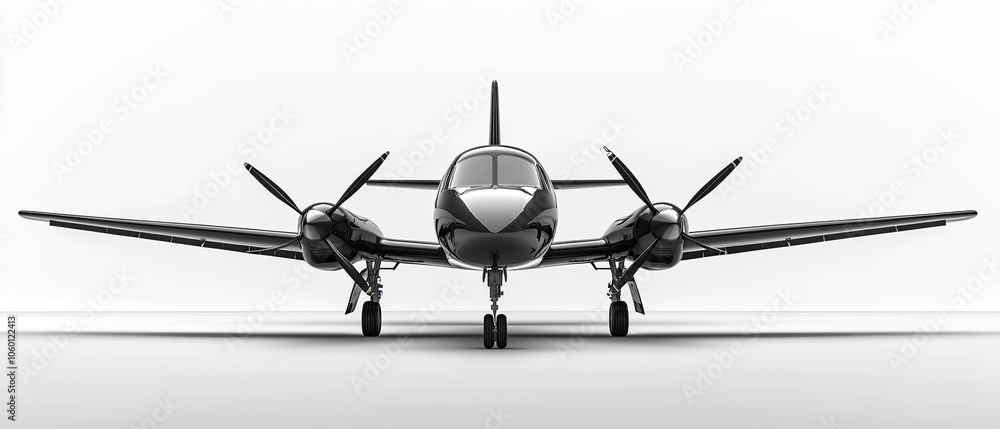 Poster black twin-engine propeller plane with large front windows and a white background.