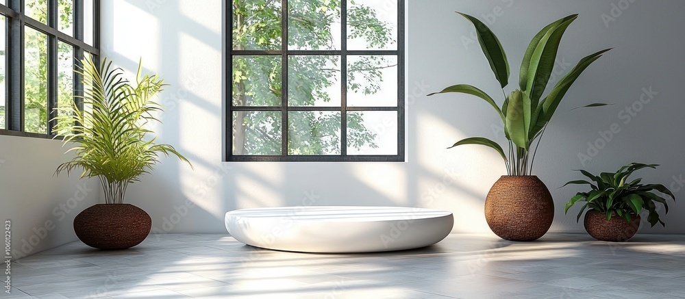 Poster white circular platform in a minimalist room with greenery