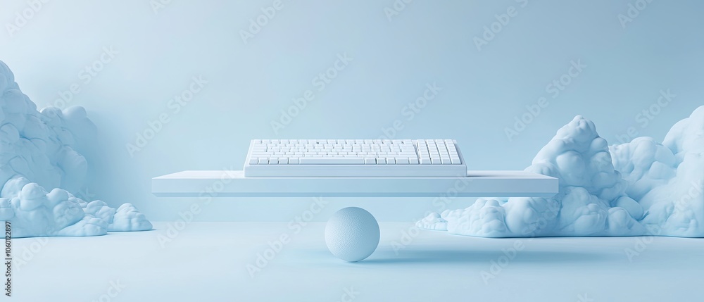 Poster white computer keyboard on a platform with a sphere and clouds in the background.