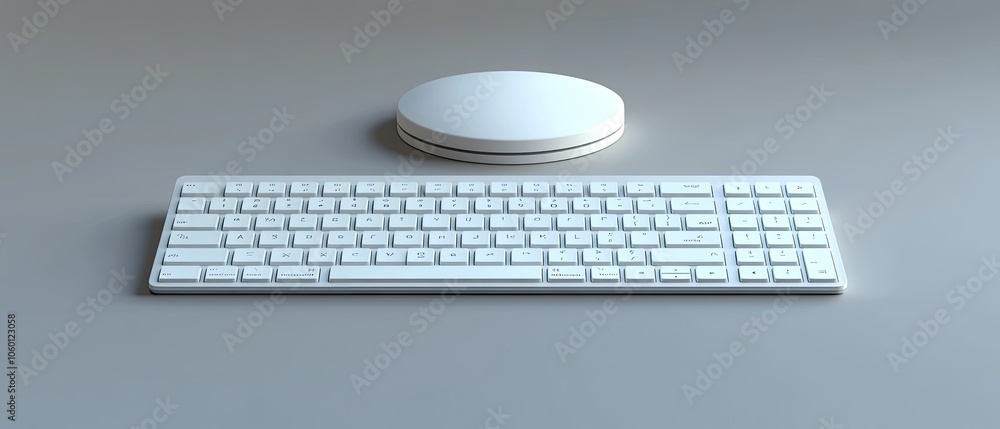 Poster white keyboard and round wireless mouse on a grey surface.