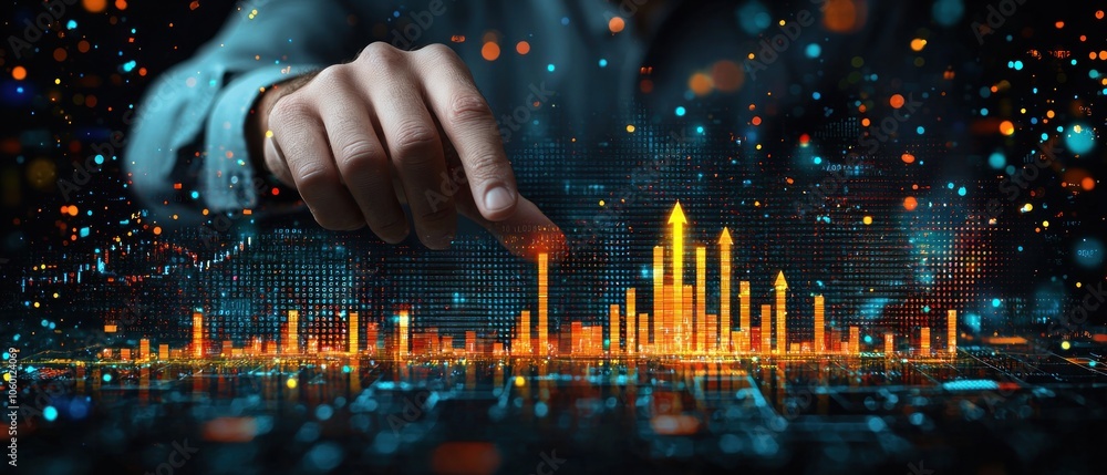 Aufkleber hand interacting with digital financial data and charts