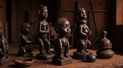 African wooden sculptures with tribal patterns, warm lighting highlighting craftsmanship and cultural heritage on rustic surface