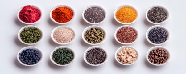 Fototapeta premium Varied superfoods rich in micronutrients for promoting optimal health and enhanced body vitality.