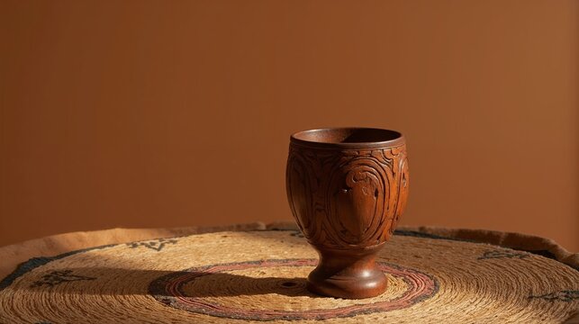 Traditional carved wooden Unity cup for Kwanzaa ceremony with detailed artisanal patterns