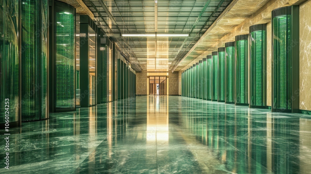 Poster a modern corridor lined with green data storage units, showcasing a high-tech environment.
