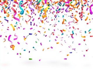 Obraz premium Colorful confetti falling against a white background, creating a festive atmosphere.