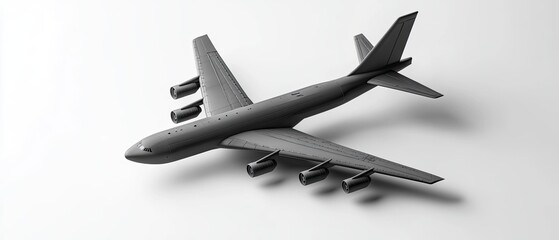 A grey model airplane with four engines on a white background.